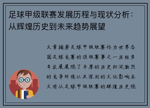 足球甲级联赛发展历程与现状分析：从辉煌历史到未来趋势展望