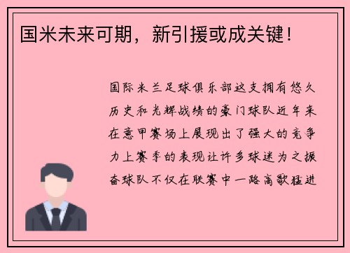 国米未来可期，新引援或成关键！