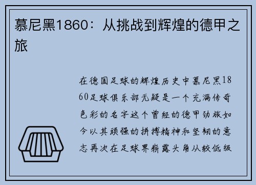 慕尼黑1860：从挑战到辉煌的德甲之旅