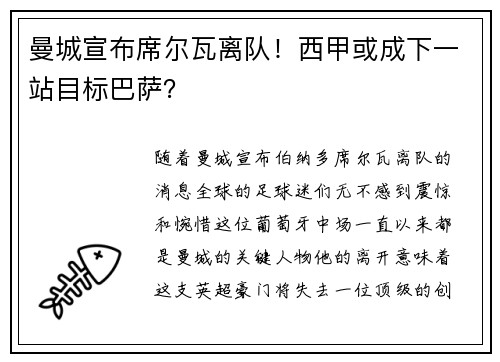 曼城宣布席尔瓦离队！西甲或成下一站目标巴萨？