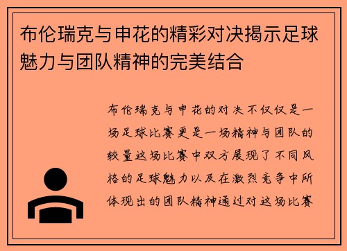 布伦瑞克与申花的精彩对决揭示足球魅力与团队精神的完美结合